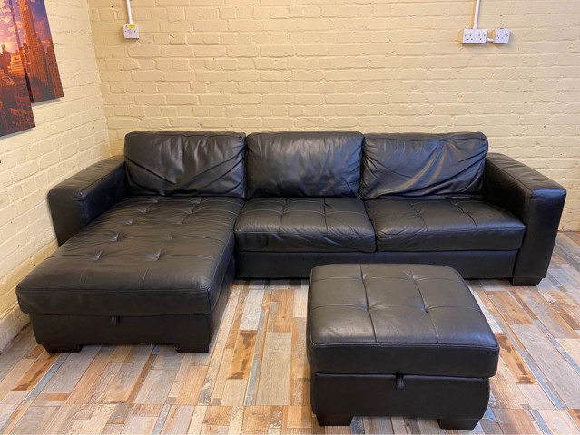 Storage Black Leather Corner Sofa