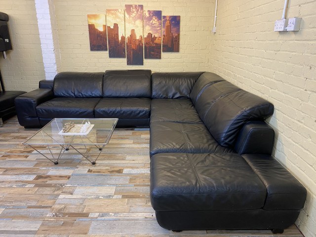Family Large Black Leather Corner Sofa
