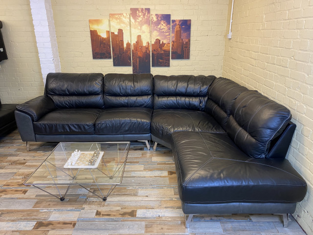 Large Black & Grey Leather Corner Sofa
