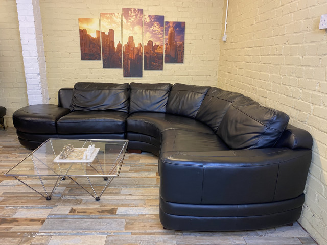 Rich Black Leather Corner Sofa