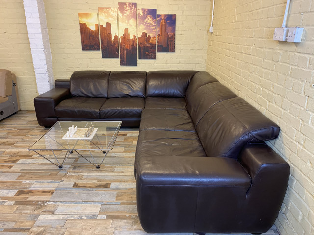 Large Family Brown Leather Corner Sofa
