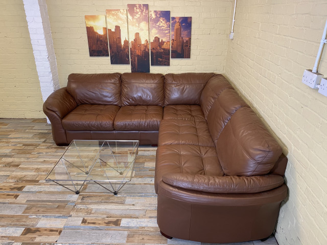 Large Comfy Brown Leather Corner Sofa