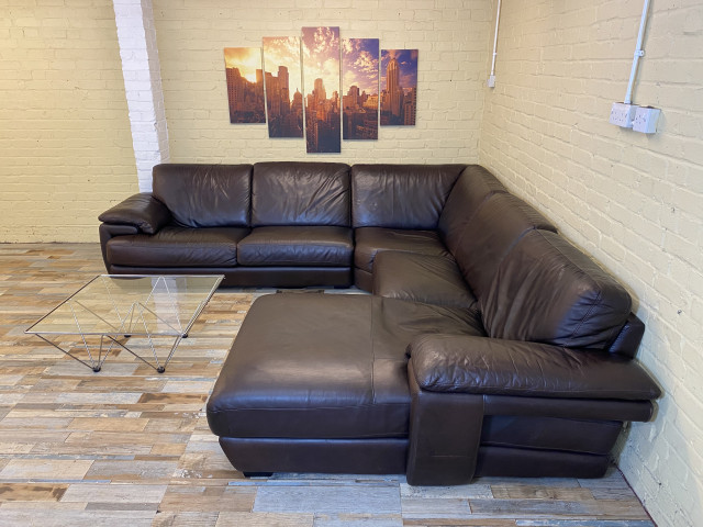 Thick Rich Brown Leather Corner Sofa (ME)
