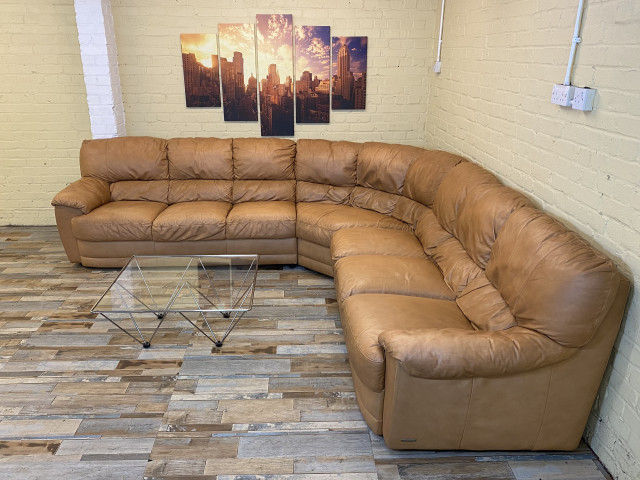 Huge Beige Leather Corner Sofa (KT)