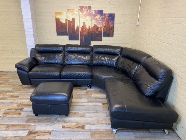 Puffy Deep Black Leather Corner Sofa (ME)
