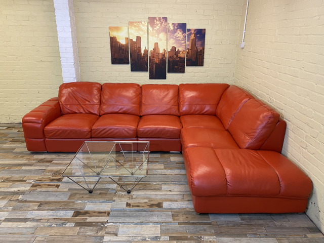 Huge Vibrant Red/Orange Leather Corner Sofa (ME)