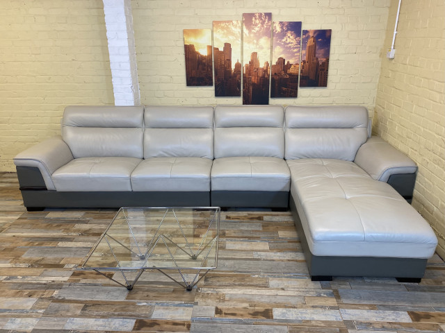 Elegantly Long Cream/Grey Leather Corner Sofa (ME)