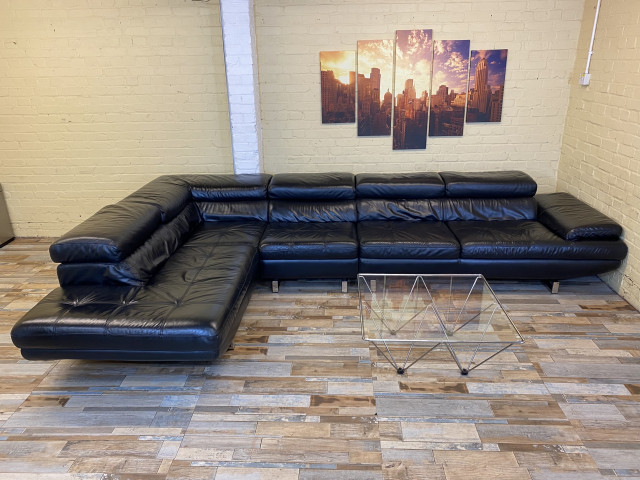 Luscious Long Black Leather Corner Sofa (ME)