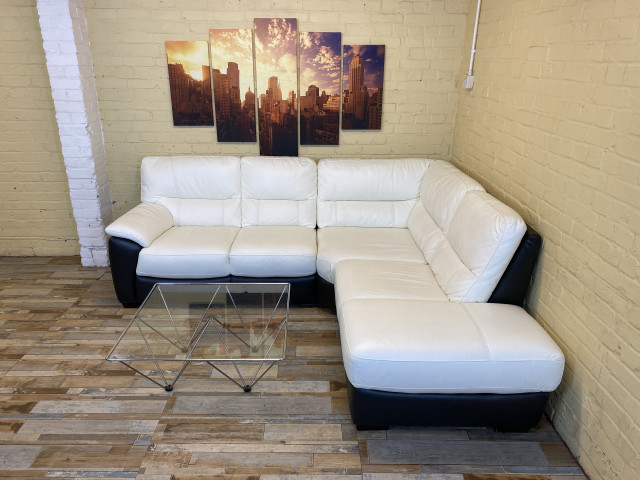 Smooth White & Brown Leather Corner Sofa