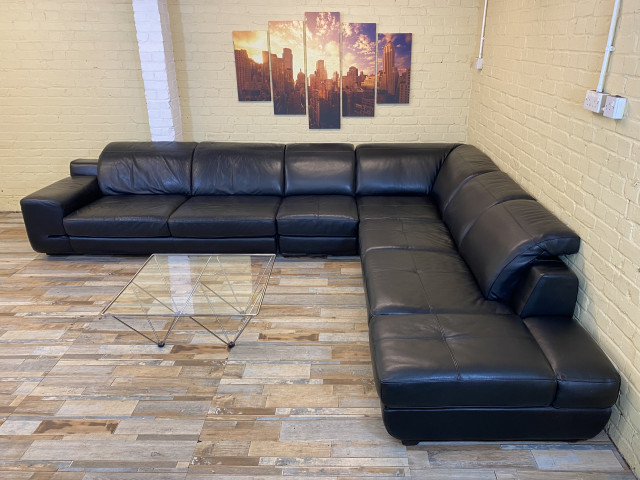 Mega Modular Black leather Corner Sofa (KT)
