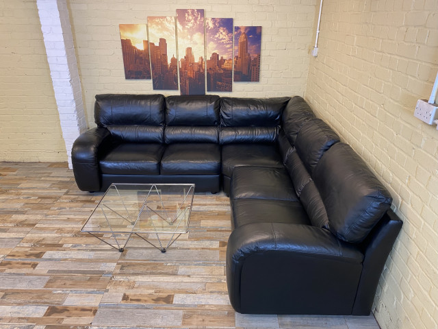 Puffy Comfy Large Black Leather Corner Sofa