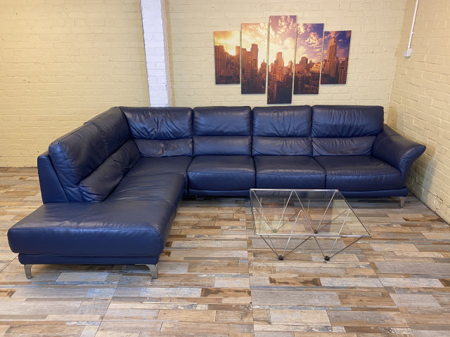 Pristine Italian Large Blue Leather Corner Sofa (M