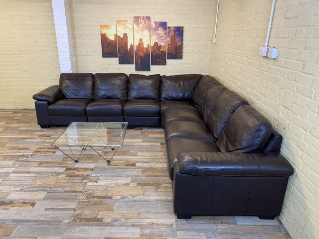 Huge 7 Seater Brown Leather Corner Sofa (ME)