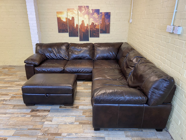 Large Comfy Family Brown Leather Corner Sofa