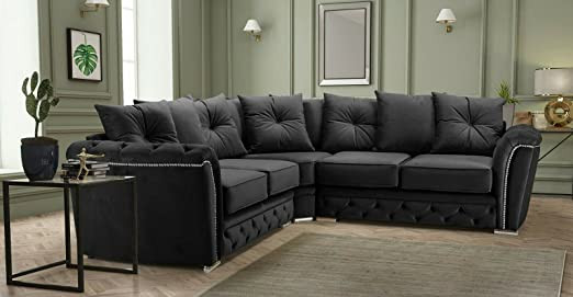New Chesterfield Black Plush Fabric Corner Sofa fo