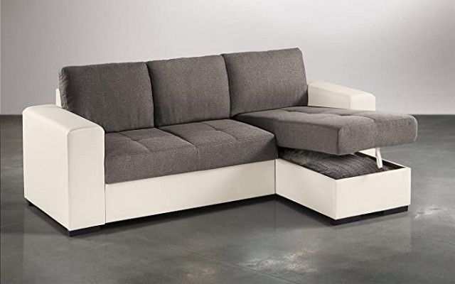 Corner sofa bed 2 seats - Cream faux leather, brow