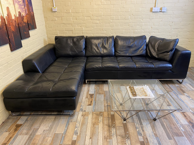 Elegantly Long Black Leather Corner Sofa