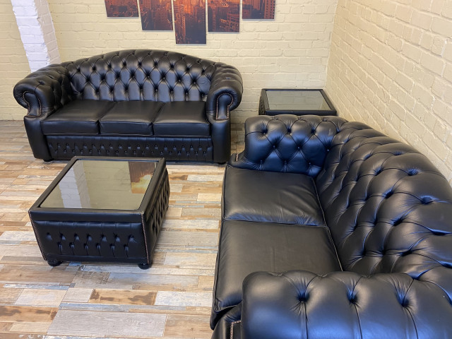 Complete Black Leather Chesterfield Set