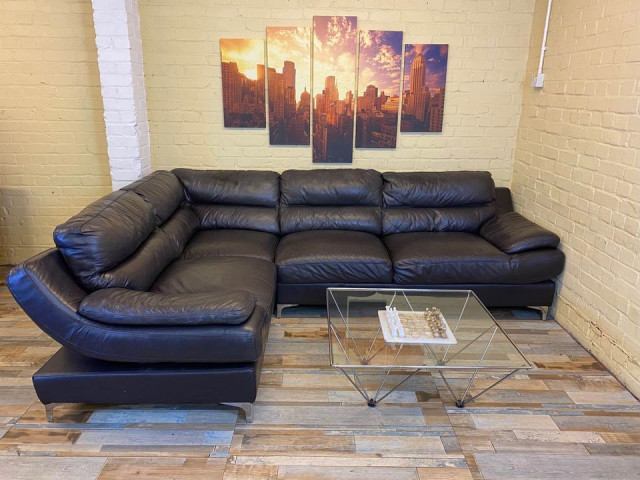 Solid Brown Leather Corner Sofa