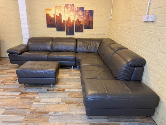 Big Family Grey Leather Corner Sofa