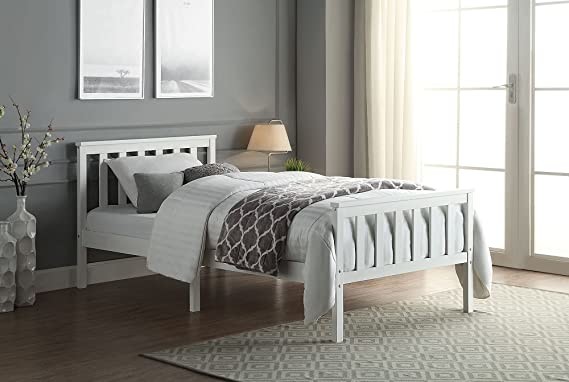Single Bed White. Solid Wooden Bed Frame