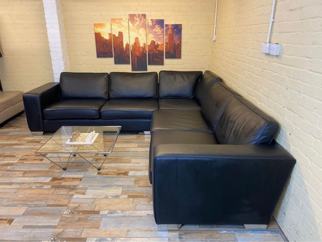 Huge Family Black Leather Corner Sofa