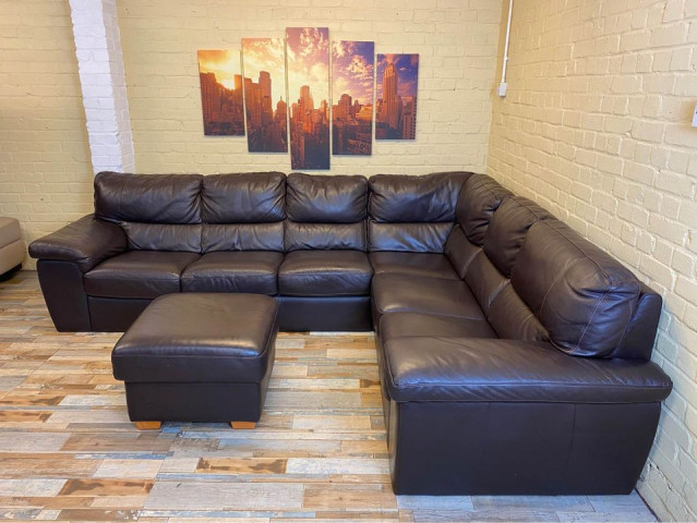 Large Family Brown Leather Corner Sofa