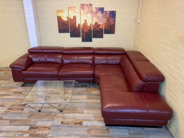 Superb Deep Red Reclining Leather Corner Sofa