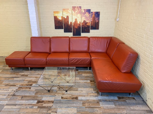 Large Orange Leather Corner Sofa
