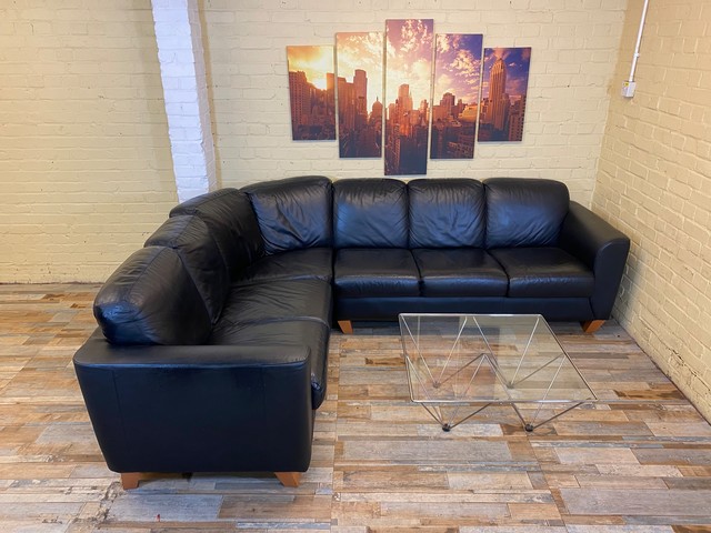 Large Family Black Leather Corner Sofa