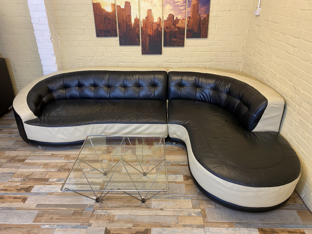 Black & Beige Leather Corner Sofa