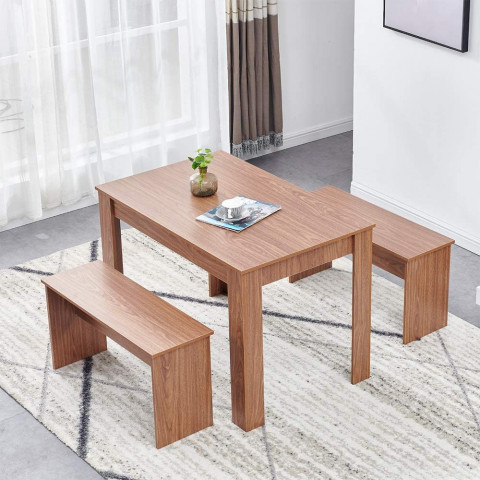 BELIFEGLORY Dining Table and 2 Benches (Walnut)