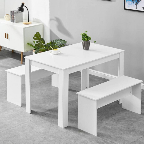 BELIFEGLORY Dining Table and 2 Benches (White)