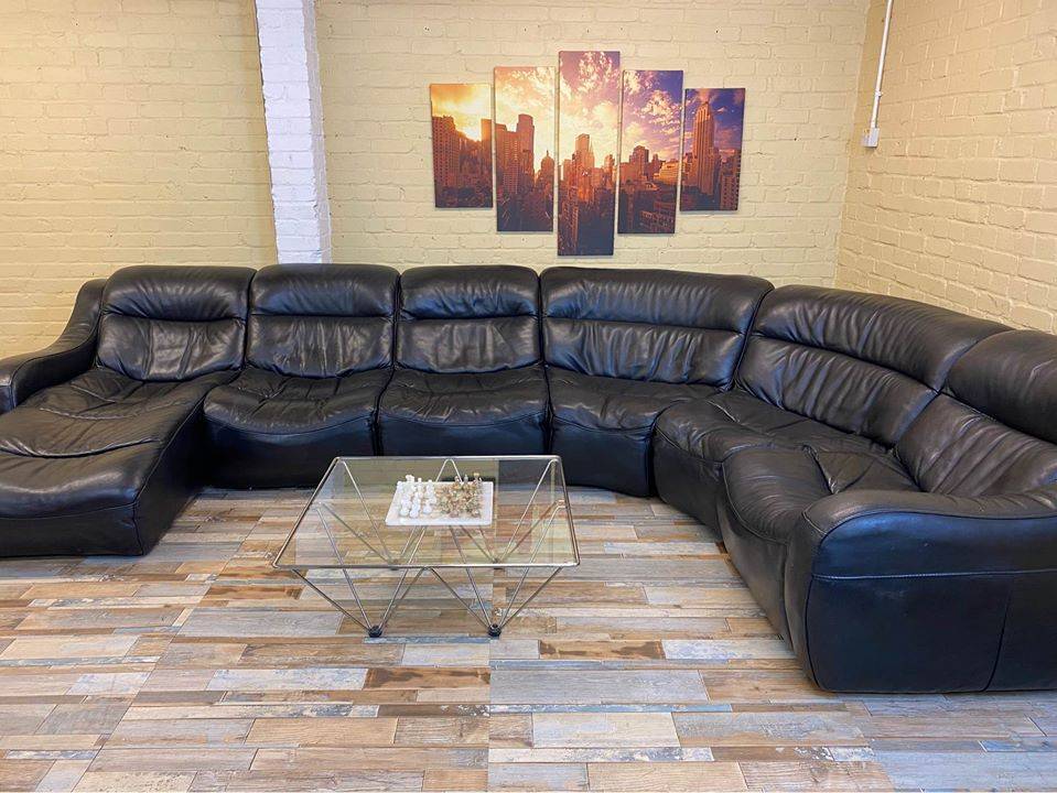 Big Modular Black Leather Corner Sofa