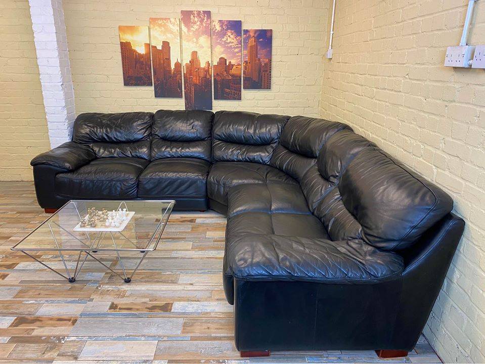 Big Comfy Black Leather Corner Sofa