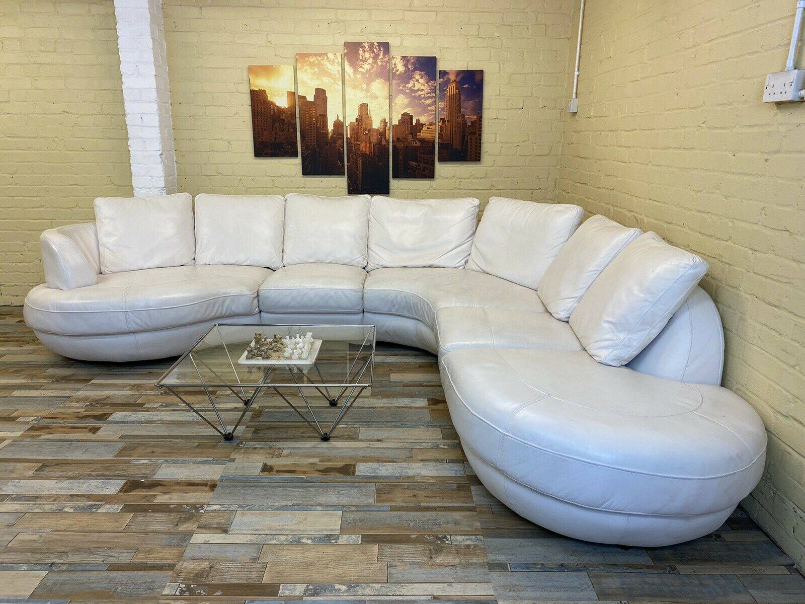 Large Curvy White Leather Corner Sofa