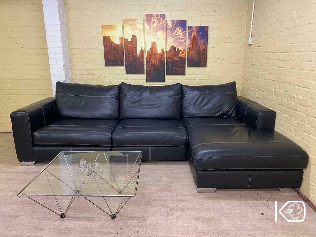 Large Modular Black Leather Corner Sofa