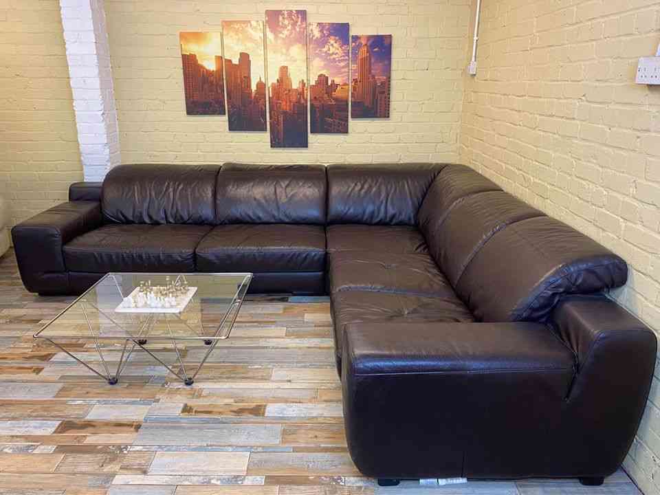 Family Large Brown Leather Corner Sofa