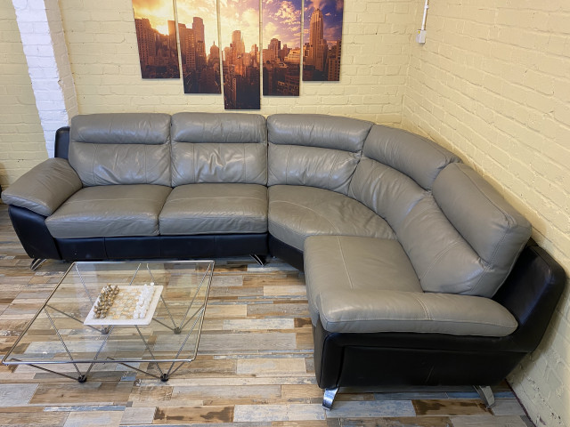 Family Large Grey & Black Leather Corner Sofa