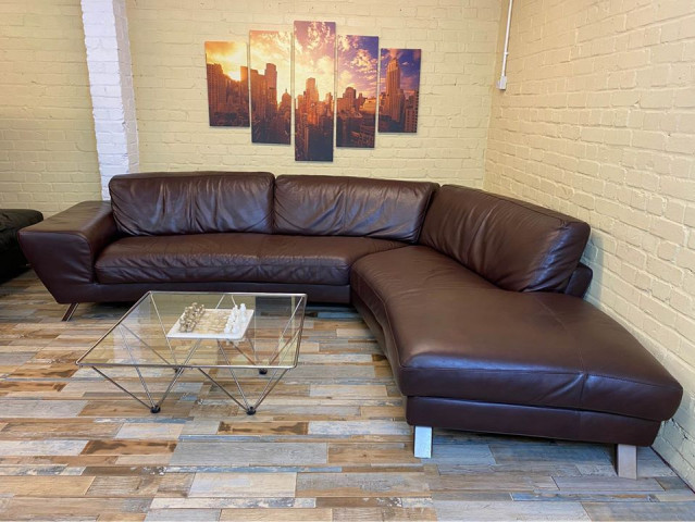 Natuzzi Curved Brown Leather Corner Sofa