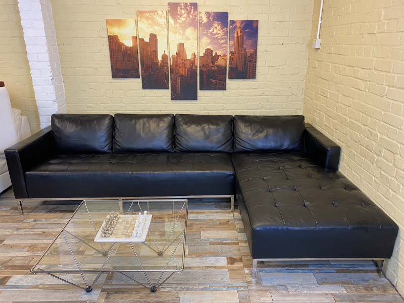 Very Long Black Leather Corner Sofa